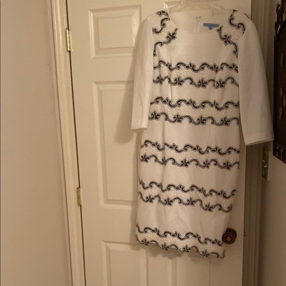 White Dress with Blue Pattern